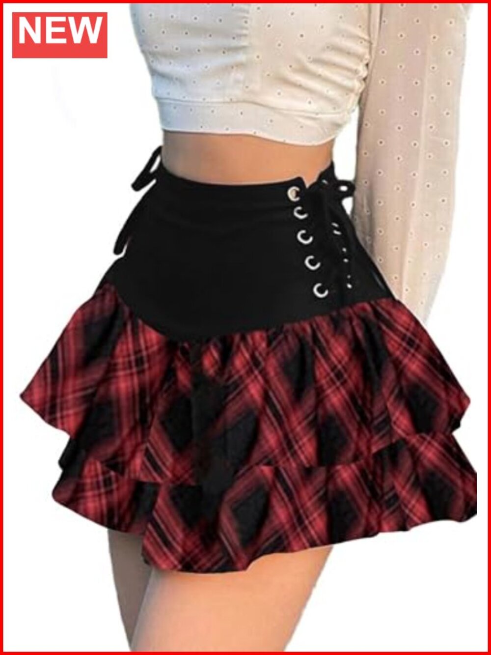 Gothic Plaid Mini Skirt Set Layered Ruffles Lace-Up A-Line